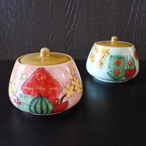 Vietnamese Hand Painted Tet Lunar New Year Watermelon Floral Ceramic Jar Set